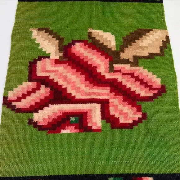 Vintage Woven Wool Red Rose, Green, Black, Tan Rug or Wall Hanging 4' x 2’ - Picture 3 of 8